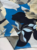 Blue & Beige Retro Vintage Floral - 16mm Silk Crepe de Chine Fabric