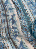 Beaded Blue Boho Floral Stripe - Crinkle Silk Chiffon Fabric