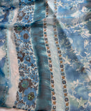 Beaded Blue Boho Floral Stripe - Crinkle Silk Chiffon Fabric