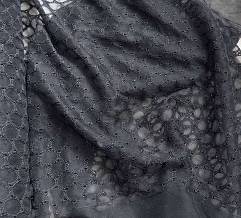 Black Embroidered Eyelet - Crinkle Silk Chiffon Fabric