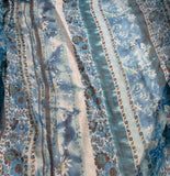 Beaded Blue Boho Floral Stripe - Crinkle Silk Chiffon Fabric