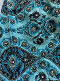 Vintage Turquoise & Metallic Silver Embroidered Damask Silk Dupioni Fabric