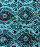 Vintage Turquoise & Metallic Silver Embroidered Damask Silk Dupioni Fabric