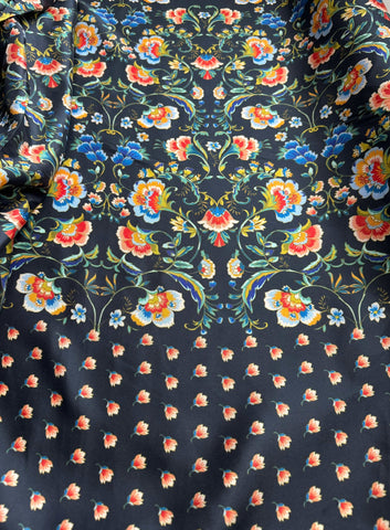 Johnny Was Black with Bright Floral Border Print 100% Silk Twill Fabric