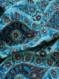 Vintage Turquoise & Metallic Silver Embroidered Damask Silk Dupioni Fabric