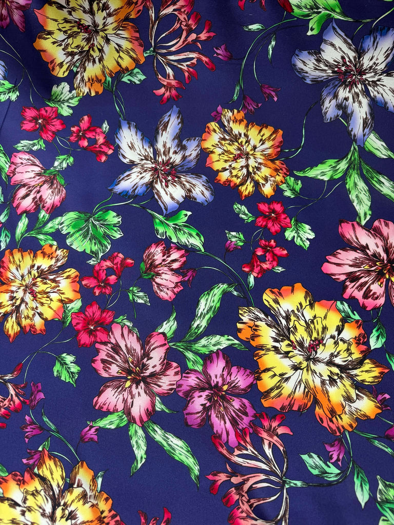 Blue with Brightly Colored Flowers - 16mm Silk Crepe de Chine Fabric