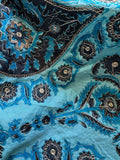 Vintage Turquoise & Metallic Silver Embroidered Damask Silk Dupioni Fabric