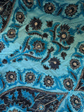 Vintage Turquoise & Metallic Silver Embroidered Damask Silk Dupioni Fabric