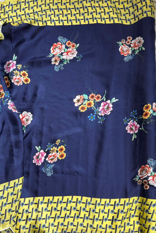 Johnny Was Blue & Yellow Floral Border Print 100% Silk Twill Fabric