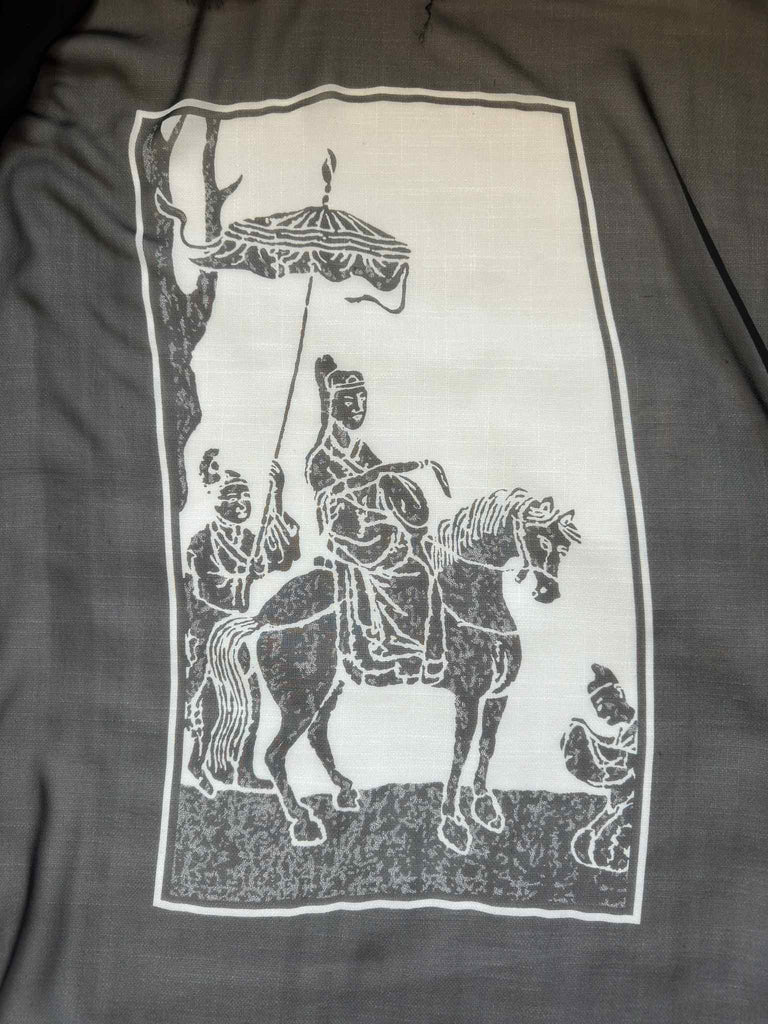 Chinese Royal on Horse White/Black - Silk Chiffon Fabric 44"x44" Panel