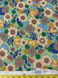 Retro Hippie Floral on Mint Green - 100% Rayon Challis Fabric