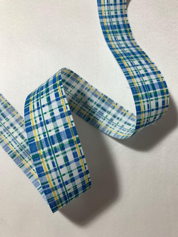 Vintage Blue Plaid Floral Craft or Floral Ribbon 1-3/8" wide x 6 Yards