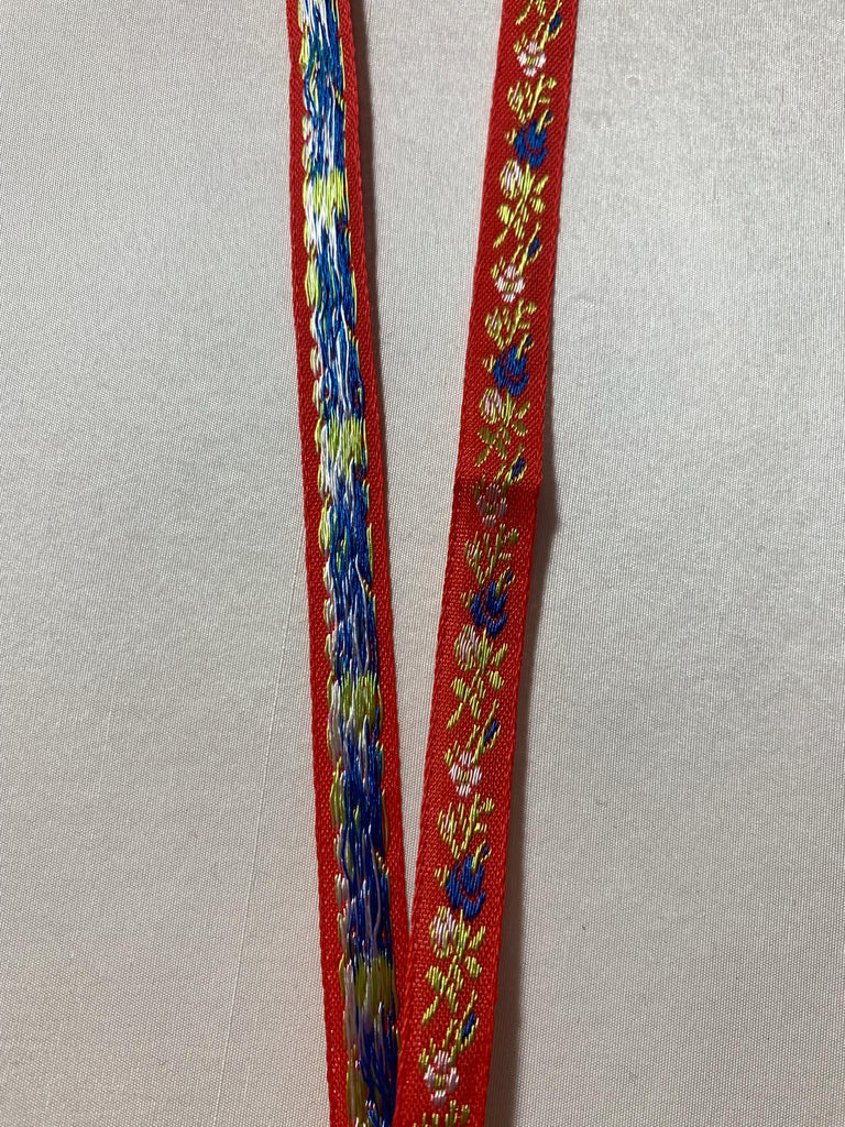 Vintage Blue Flowers on Red- Jacquard Ribbon 7/16" wide -2 Yards-