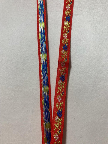 Vintage Blue Flowers on Red- Jacquard Ribbon 7/16" wide -2 Yards-