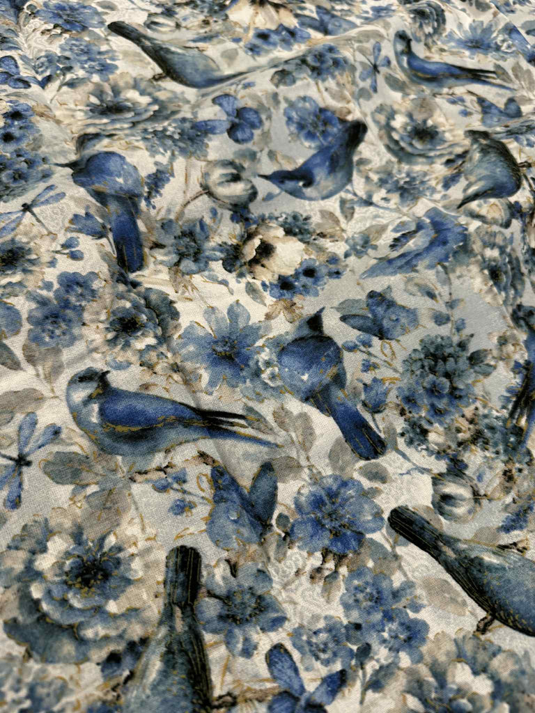 Blue Birds Butterflies Dragonflies Floral by Wild Apple 100% Cotton Fabric