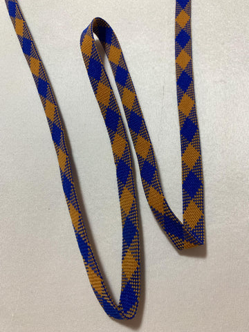 Vintage Caramel & Blue Plaid Groovy Bias Woven Ribbon Trim 3/8" wide -4.5 Yards-