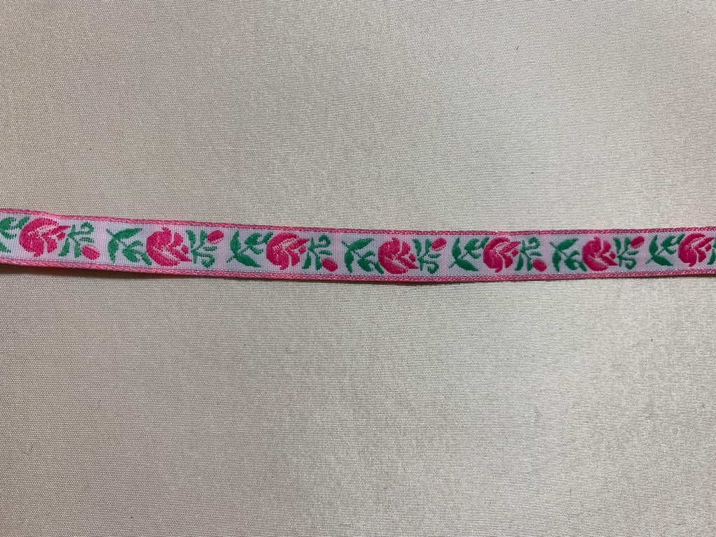 Vintage Pink Flowers on White- Jacquard Ribbon 7/16" wide -2 Yards-