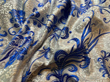 White with Blue Feather Floral - Silk Brocade Fabric
