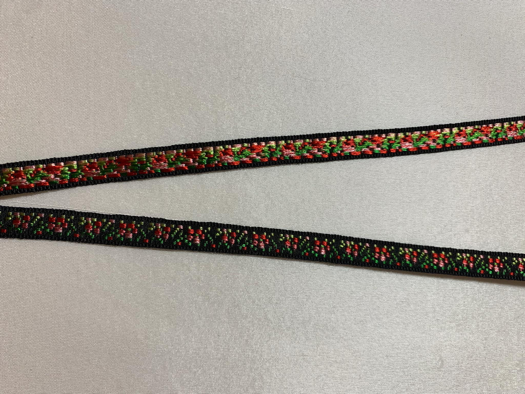 Vintage Red Flowers on Black - Jacquard Ribbon 5/16" wide -2 Yards-