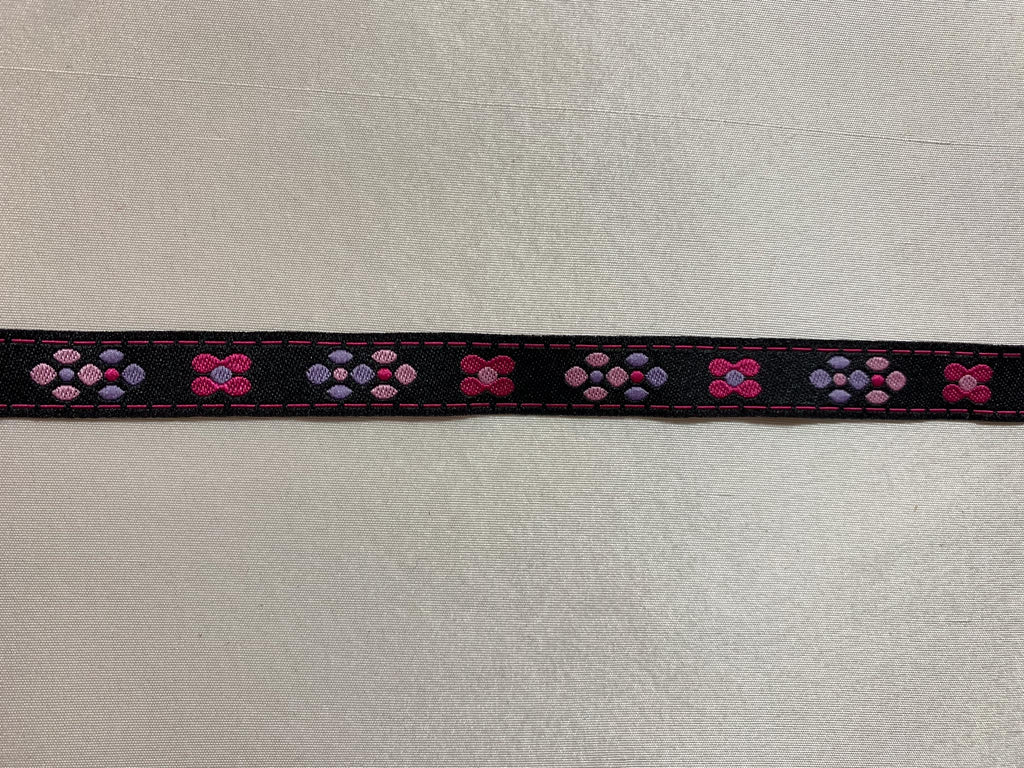 Vintage Pink & Purple Flowers on Black - Jacquard Ribbon 1/2" wide -2 Yards-