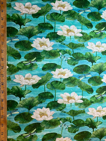 Water Lilies Turquoise, Tranquil Waters by Deborah Edwards for Northcott Cotton Fabric DP27208-68