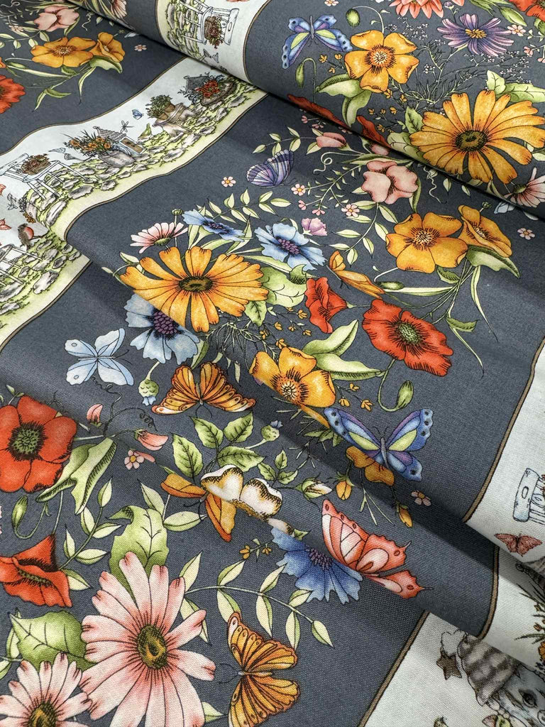 Garden Stroll by Maywood Studio 100% Cotton Fabric -Butterfly Floral Stripe Gray