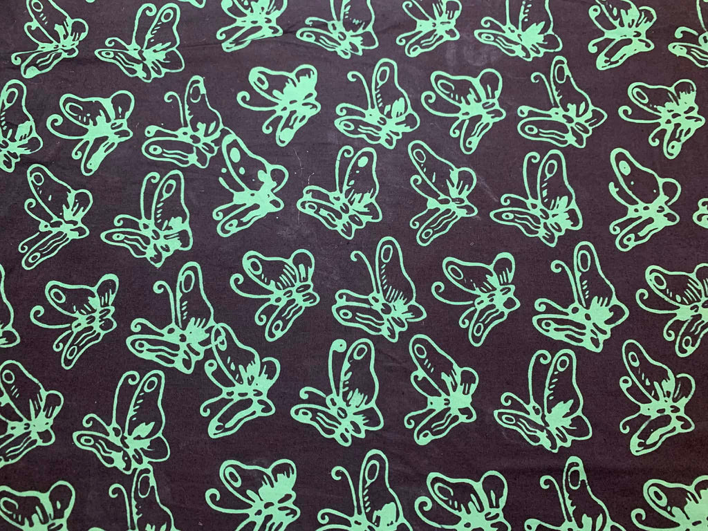Black with Green Butterflies Batik Cotton Fabric Vintage 90s OOP