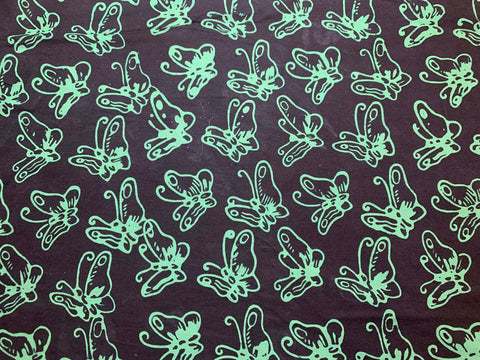 Black with Green Butterflies Batik Cotton Fabric Vintage 90s OOP
