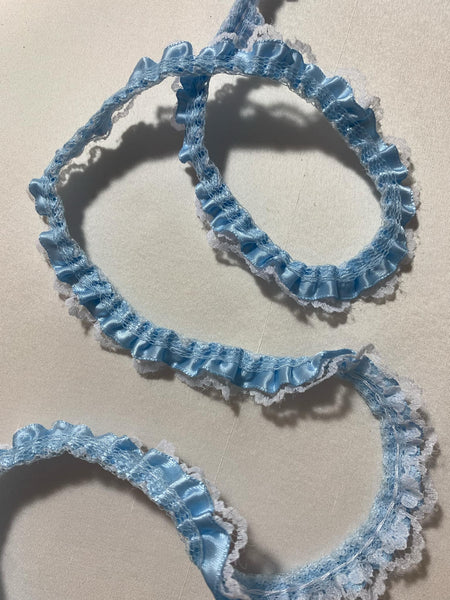 Vintage Sky Blue Ruffle Border Satin Ribbon & Lace Trim 5/8