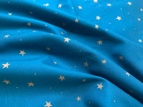 Metallic Gold Celestial Stars Teal Blue Watercolor Cotton Fabric Vintage 90s OOP