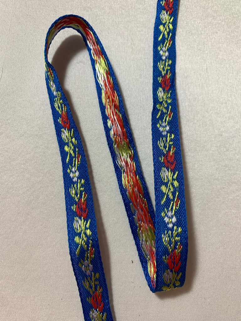 Vintage Red Flowers on Blue - Jacquard Ribbon 7/16" wide -2 Yards-