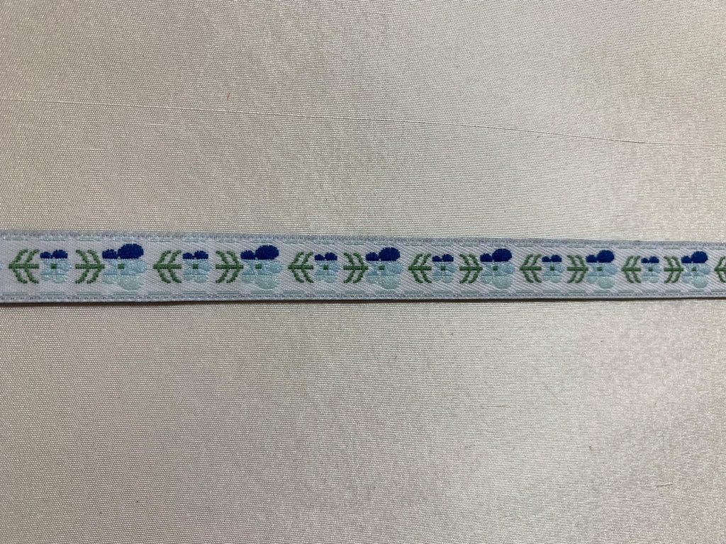 Vintage Blue Flowers on White - Jacquard Ribbon 1/2" wide -2 Yards-