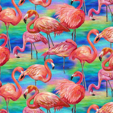 Fabulous Flamingos Allover Blue- Paintbrush Studio Cotton Fabrics - 6"x45" Remnant