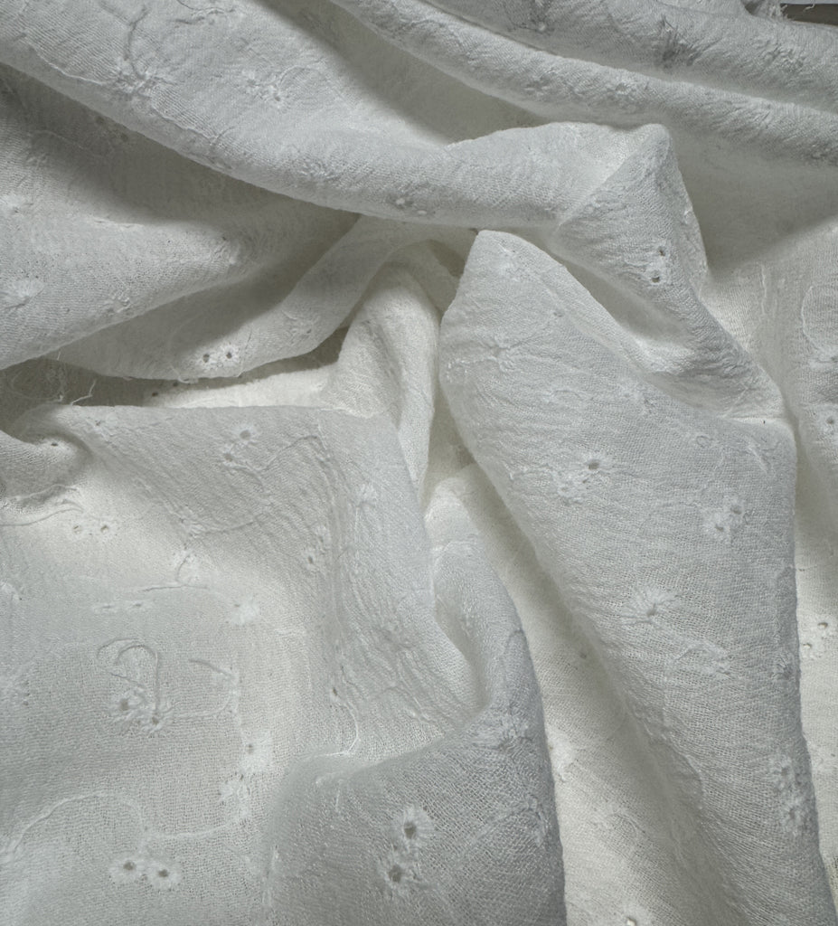 White Embroidered Eyelet Bubble Gauze 100% Cotton Fabric