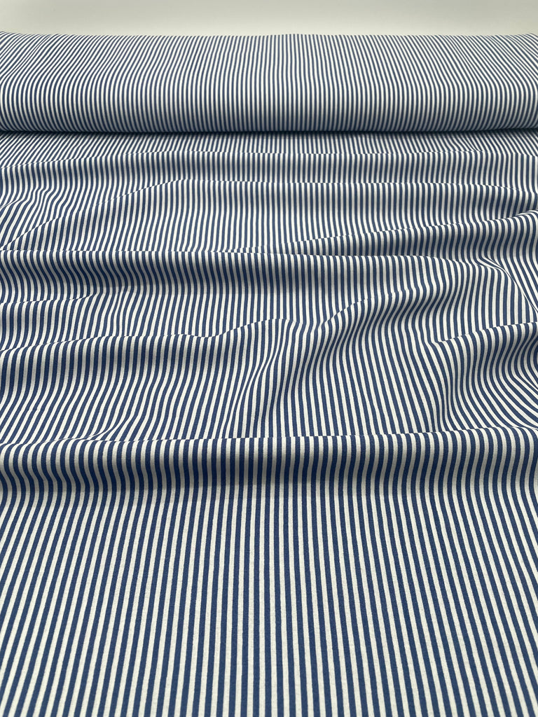White with Blue Stripe - 100% Cotton Challis Fabric