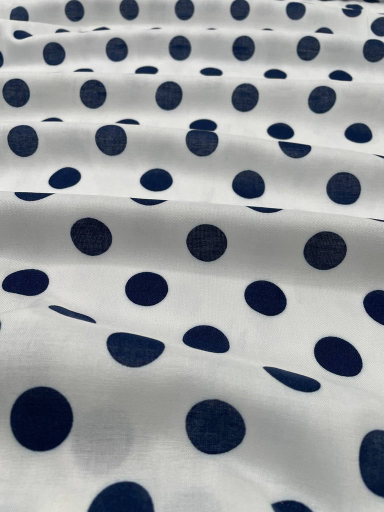 White with Navy Polka Dots - 100% Rayon Crepe Fabric