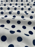 White with Navy Polka Dots - 100% Rayon Crepe Fabric
