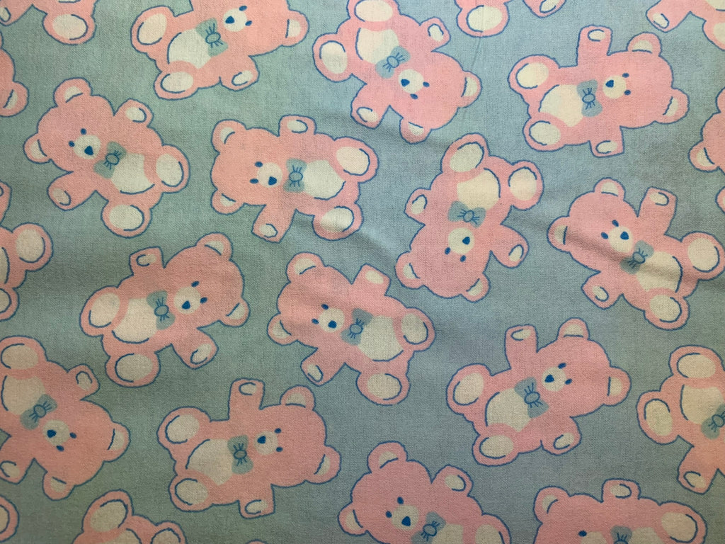 Pink Teddy Bears on Blue Cotton Flannel Fabric Vintage 90's OOP