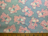 Pink Teddy Bears on Blue Cotton Flannel Fabric Vintage 90's OOP