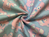 Pink Teddy Bears on Blue Cotton Flannel Fabric Vintage 90's OOP
