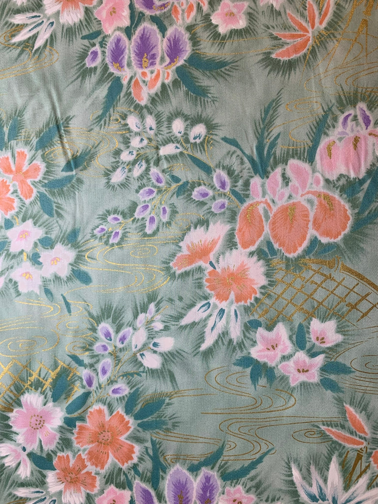 Sage & Peach Iris Floral Cotton Sateen Fabric Vintage 90's OOP