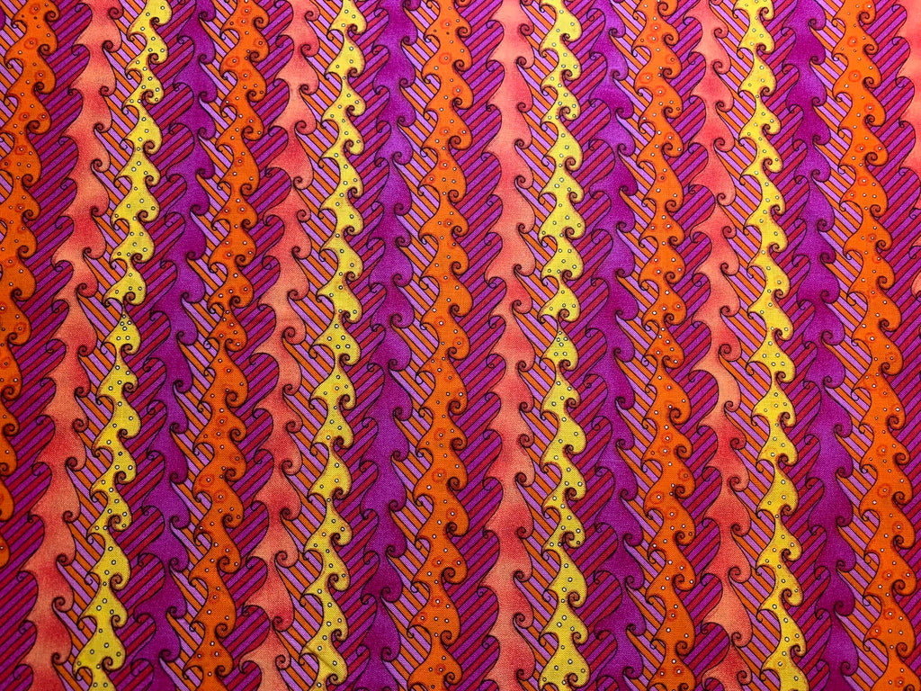 Pink Orange Yellow Waves Stripe Cotton Fabric Vintage 90's OOP SSI