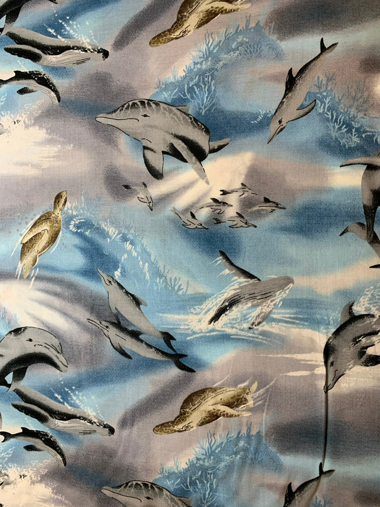 Sea Turtles & Dolphins Cotton Fabric Vintage 90's OOP Trans-Pacific Textiles