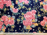 Navy Blue with Pink Roses Cotton Sateen Fabric Vintage 90's OOP Marcus Brothers