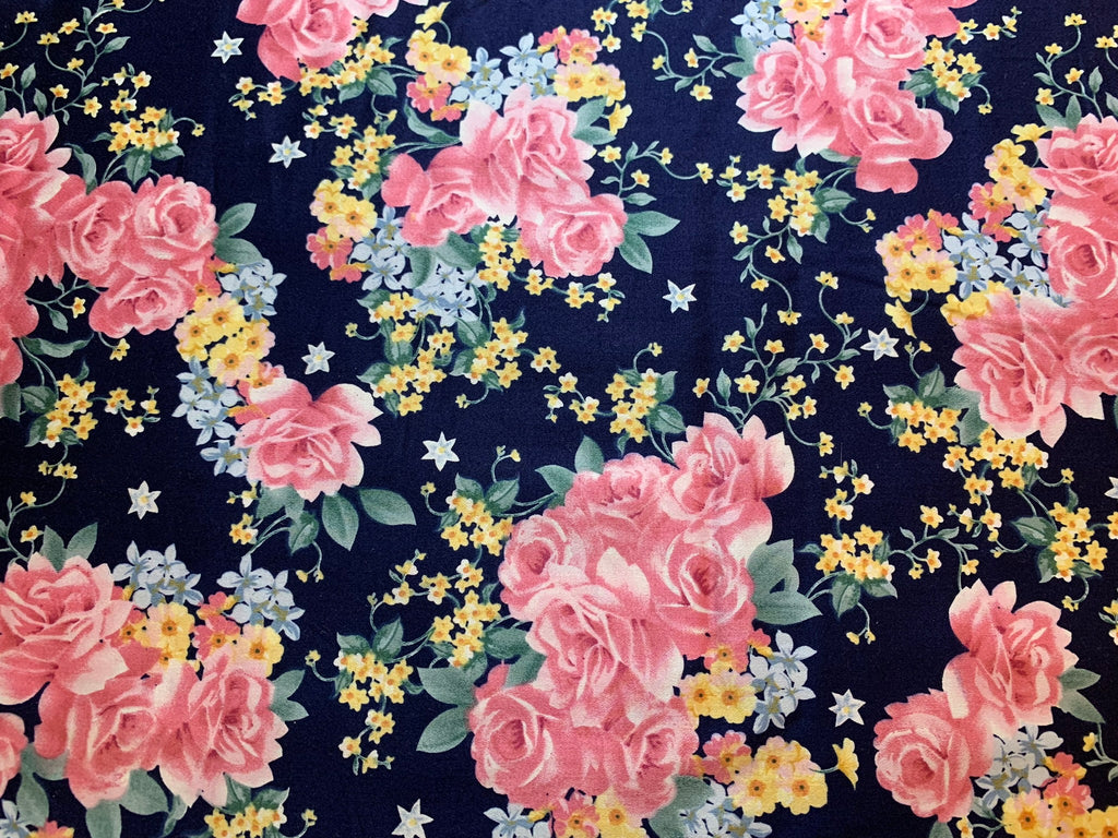 Navy Blue with Pink Roses Cotton Sateen Fabric Vintage 90's OOP Marcus Brothers
