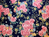 Navy Blue with Pink Roses Cotton Sateen Fabric Vintage 90's OOP Marcus Brothers