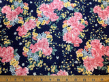 Navy Blue with Pink Roses Cotton Sateen Fabric Vintage 90's OOP Marcus Brothers