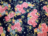 Navy Blue with Pink Roses Cotton Sateen Fabric Vintage 90's OOP Marcus Brothers