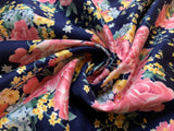 Navy Blue with Pink Roses Cotton Sateen Fabric Vintage 90's OOP Marcus Brothers