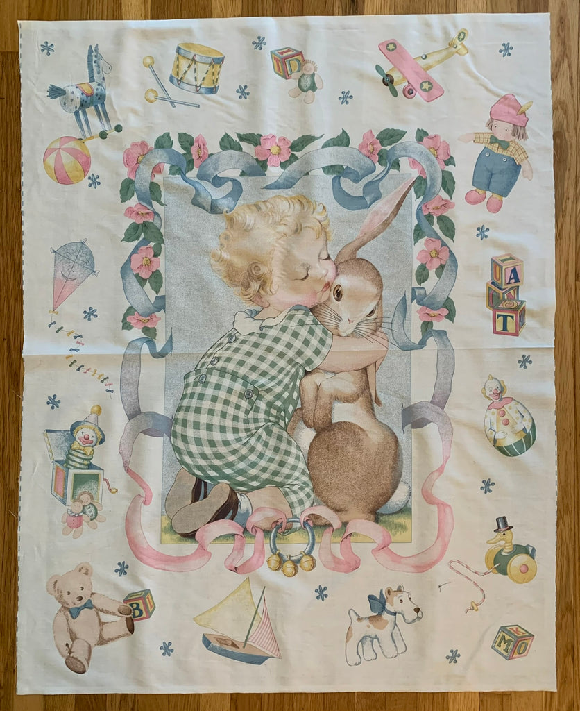 Baby with Bunny, Velveteen Rabbit 35"x45" Vintage Panel Cotton Fabric